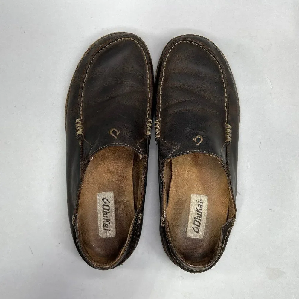 Olukai Moloa‎ Shoes Men's Size 10.5 Brown Leather Comfort Casual Slip On Loafers